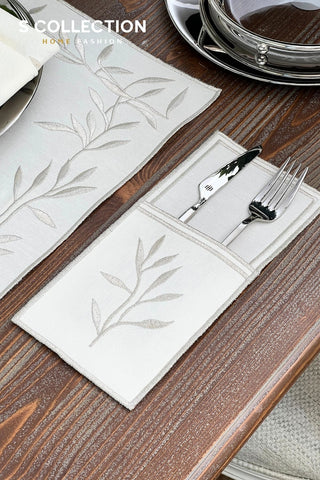 Silver Flower Design Placemat Set - Waterproof Fabric - 6 Persons - 24 Pcs. Full Set