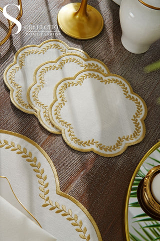 Leafy Allure Gold Design Placemat Set - Waterproof Fabric - 6 Persons - 24 Pcs. Full Set