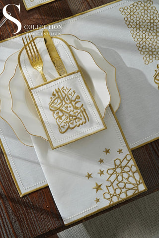 طقم مفارش سفرة - تصميم شيك رمضان - تطريز ذهبى - قماش مقاوم للماء -  ٦ أشخاص -  ٢٤ قطعة - طقم كامل