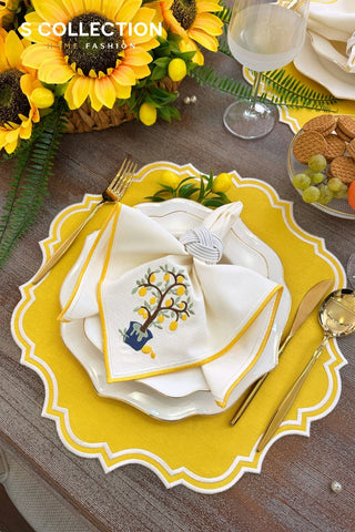 Camila Design Embroidered Placemat Set - Yellow Colour Waterproof Fabric - 6 Persons - 18 Pcs.