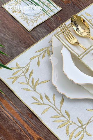 Gold Flower Design Placemat Set - Waterproof Fabric - 6 Persons - 24 Pcs. Full Set