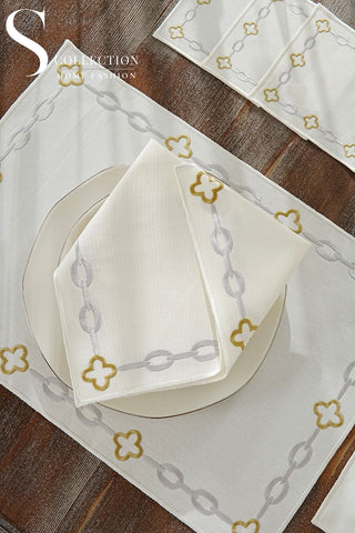 Cadena Silver Border - Gold Design Placemat Set - 6 Persons - Waterproof Fabric - 24 Pcs. Full Set