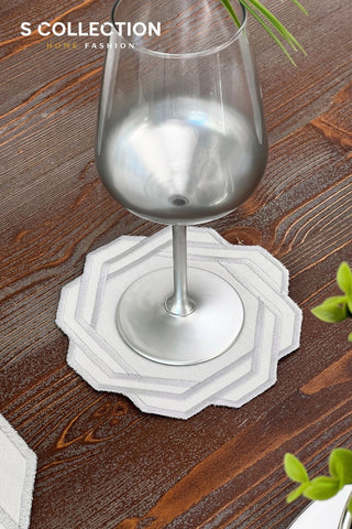 Octagonal Silver Design Placemat Set - Waterproof Fabric - 6 Persons - 24 Pcs. Full Set