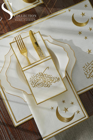 Ramadan Design Gold Stellar Serenity Placemat Set -Waterproof Fabric - 6 Persons - 24 Pcs. Full Set