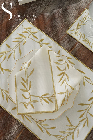 Gold Flower Design Placemat Set - Waterproof Fabric - 6 Persons - 24 Pcs. Full Set