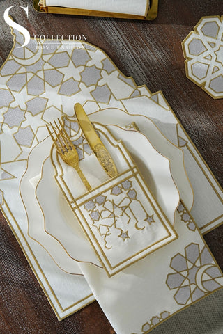 Ramadan Dome Design Silver and Gold Full Placemat Set - With Bread Basket Napkin and Runner - 6 Persons - 26 Pcs.
