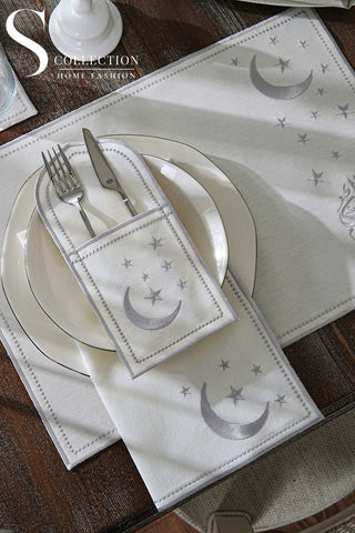 Ramadan Silver Glamorous Design Full Placemat Set - With Bread Basket Napkin and Runner - 6 Persons - 26 Pcs.