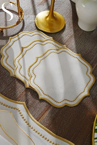 Laurel Wreath Gold Design Placemat Set - Waterproof Fabric - 6 Persons - 24 Pcs. Full Set