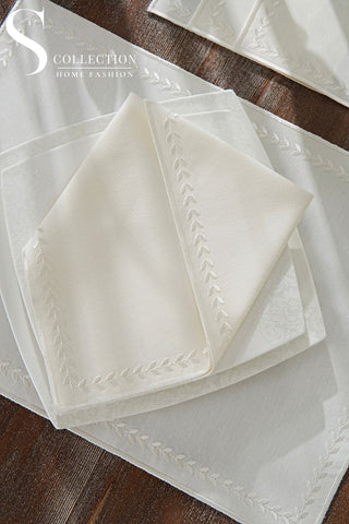 Leafy Allure Cornered Off White Design Placemat Set - Waterproof Fabric - 6 Persons - 24 Pcs. Full Set