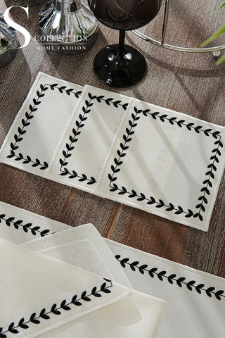 Leafy Allure Cornered Black Design Placemat Set - Waterproof Fabric - 6 Persons - 24 Pcs. Full Set