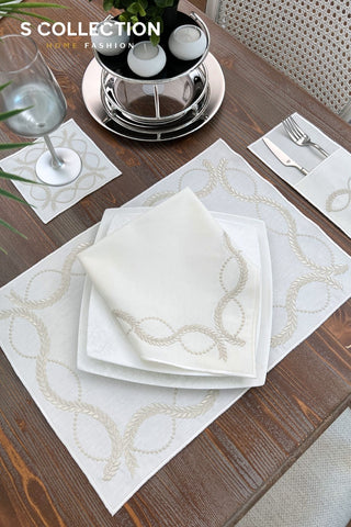 Olive Branch Shine Silver Design Placemat Set - Waterproof Fabric - 6 Persons - 24 Pcs. Full Set