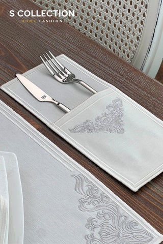 Evelyn Silver Design Placemat Set - Waterproof Fabric - 6 Persons - 24 Pcs. Full Set