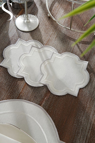 Milan Silver and Off White Design Placemat Set - Waterproof Fabric - 6 Persons - 24 Pcs. Full Set