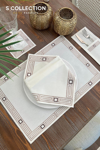 Tuscan Cappucino and Brown Design Placemat Set - Waterproof Fabric - 6 Persons - 24 Pcs. Full Set