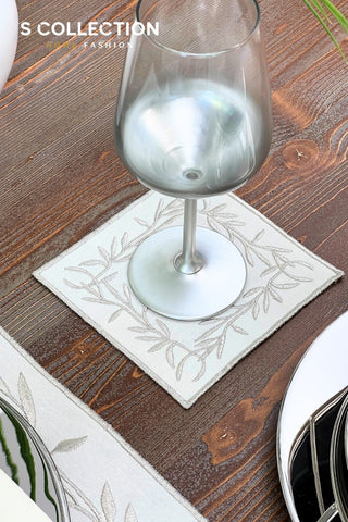 Silver Flower Design Placemat Set - Waterproof Fabric - 6 Persons - 24 Pcs. Full Set