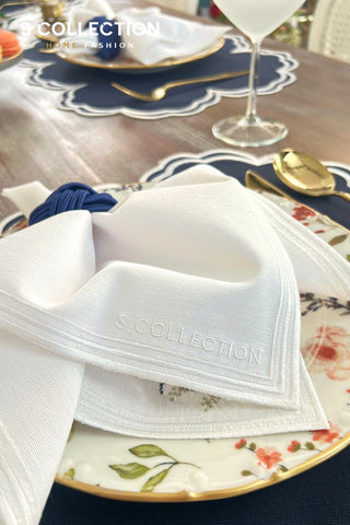 Cloudy Design Embroidered Placemat Set - Navy Blue Colour Waterproof Fabric - 6 Persons - 18 Pcs.