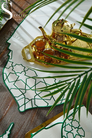 Ramadan Dome Design Green and Off White Full Placemat Set - With Bread Basket Napkin and Runner - 6 Persons - 26 Pcs.