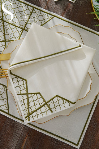 Rimal Olive Design Placemat Set - Waterproof Fabric - 6 Persons - 18 Pcs. Full Set