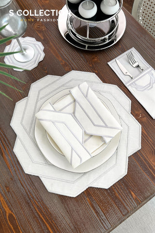 Octagonal Silver Design Placemat Set - Waterproof Fabric - 6 Persons - 24 Pcs. Full Set