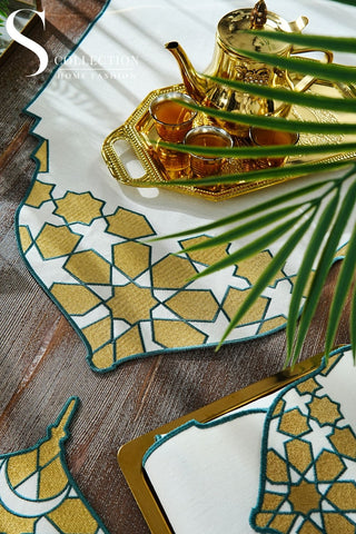 Ramadan Dome Design Green and Gold Full Placemat Set - With Bread Basket Napkin and Runner - 6 Persons - 26 Pcs.