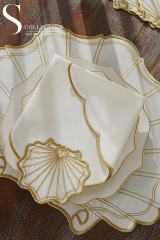 طقم مفارش سفرة - تصميم مارين - تطريز ذهبى - قماش مقاوم للماء - ٦ اشخاص - ٢٤ قطعة - طقم كامل  