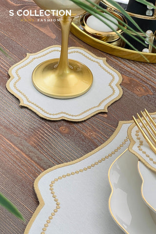 Laurel Wreath Gold Design Placemat Set - Waterproof Fabric - 6 Persons - 24 Pcs. Full Set