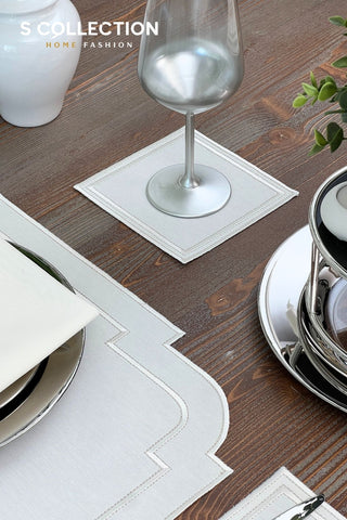 Nova Belle Design Off White and Shine Silver Placemat Set - Waterproof Fabric - 6 Persons - 24 Pcs. Full Set