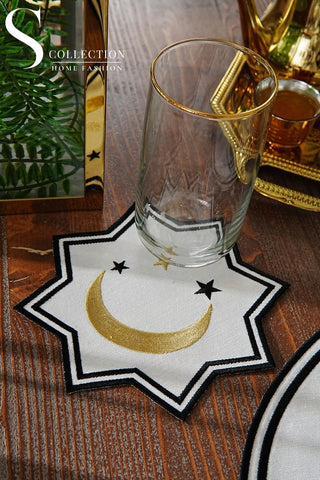 Ramadan Qamar Design Black and Gold Placemat Set - Waterproof Fabric - 6 Persons - 24 Pcs. Full Set