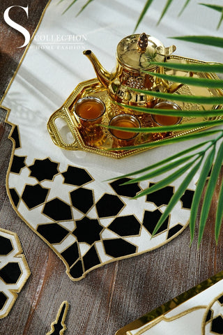 Ramadan Dome Design Black and Gold Full Placemat Set - With Bread Basket Napkin and Runner - 6 Persons - 26 Pcs.