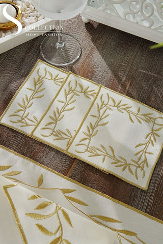 Gold Flower Design Placemat Set - Waterproof Fabric - 6 Persons - 24 Pcs. Full Set