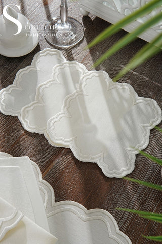 Cloud Design Off White Placemat Set - Waterproof Fabric - 6 Persons - 24 Pcs. Full Set