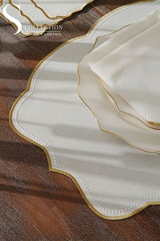 Alice Gold and Off White Design Placemat Set - Waterproof Fabric - 6 Persons - 24 Pcs. Full Set