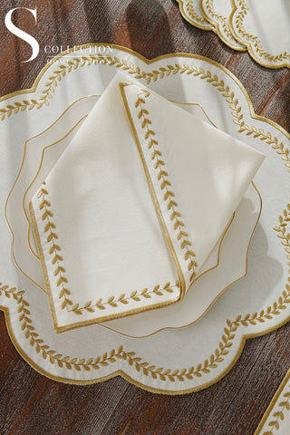 Leafy Allure Gold Design Placemat Set - Waterproof Fabric - 6 Persons - 24 Pcs. Full Set