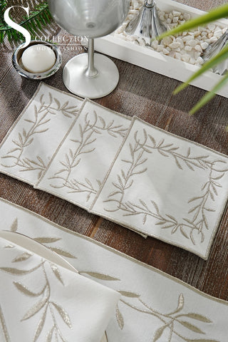 Silver Flower Design Placemat Set - Waterproof Fabric - 6 Persons - 24 Pcs. Full Set