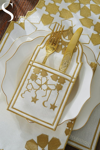 طقم مفارش سفرة - تصميم قبة رمضان - تطريز ذهبى -  قماش مقاوم للماء -  ٦ أشخاص - ٢٤ قطعة - طقم كامل