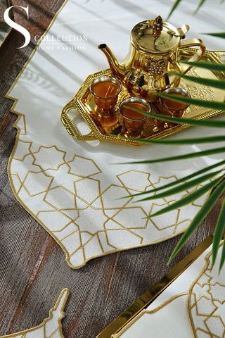 Ramadan Dome Design Gold and Off White Full Placemat Set - With Bread Basket Napkin and Runner - 6 Persons - 26 Pcs.