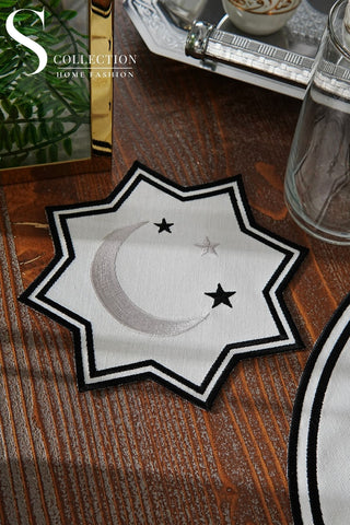 Ramadan Qamar Design Black and Silver Placemat Set - Waterproof Fabric - 6 Persons - 24 Pcs. Full Set