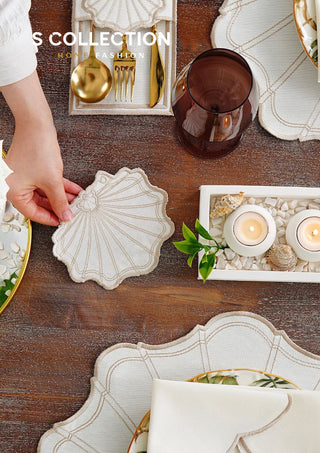 طقم مفارش سفرة - تصميم مارين - تطريز بنى فاتح (كابتشينو) - قماش مقاوم للماء - ٦ اشخاص - ٢٤ قطعة - طقم كامل  