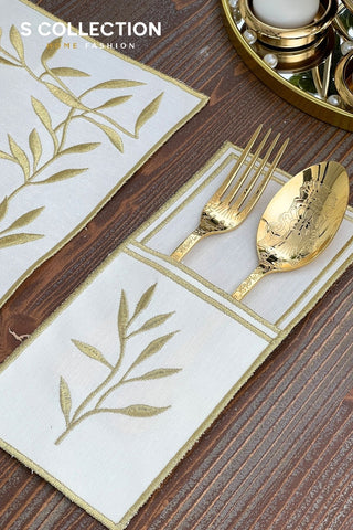 Gold Flower Design Placemat Set - Waterproof Fabric - 6 Persons - 24 Pcs. Full Set