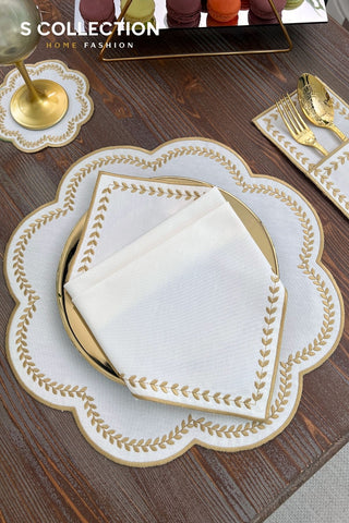 Leafy Allure Gold Design Placemat Set - Waterproof Fabric - 6 Persons - 24 Pcs. Full Set