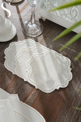 Clara Off White Design Placemat Set - Waterproof Fabric - 6 Persons - 24 Pcs. Full Set