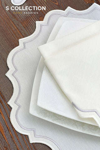 Camila Silver and Off White Design Placemat Set - Waterproof Fabric - 6 Persons - 24 Pcs. Full Set