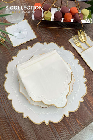 Tansy Gold and Off White Design Placemat Set - Waterproof Fabric - 6 Persons - 24 Pcs. Full Set