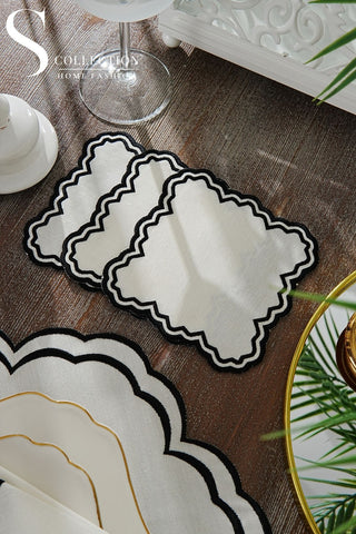 طقم مفارش سفرة - تصميم جوري - تطريز أسود - قماش مقاوم للماء - ٦ اشخاص - ٢٤ قطعة - طقم كامل  