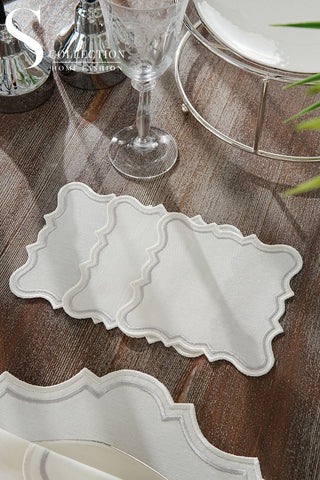 Camila Silver and Off White Design Placemat Set - Waterproof Fabric - 6 Persons - 24 Pcs. Full Set