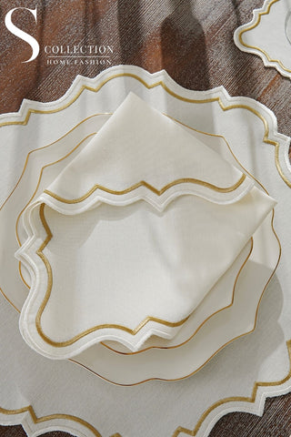 Camila Gold and Off White Design Placemat Set - Waterproof Fabric - 6 Persons - 24 Pcs. Full Set