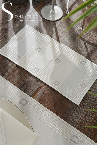 Tuscan Off White and Silver Design Placemat Set - 6 Persons - Waterproof Fabric - 24 Pcs. Full Set