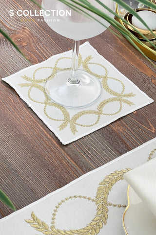 Olive Branch Gold Design Placemat Set - Waterproof Fabric - 6 Persons - 24 Pcs. Full Set