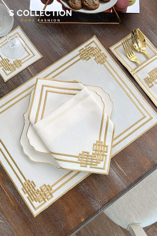 Pyramid Design Gold Placemat Set - Waterproof Fabric - 6 Persons - 24 Pcs. Full Set