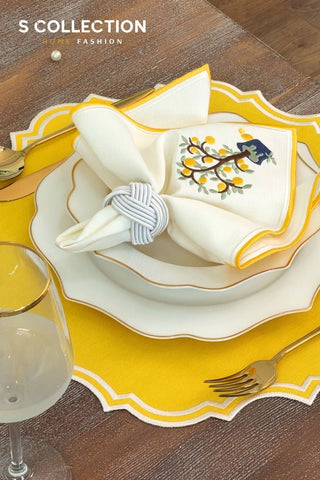 Camila Design Embroidered Placemat Set - Yellow Colour Waterproof Fabric - 6 Persons - 18 Pcs.